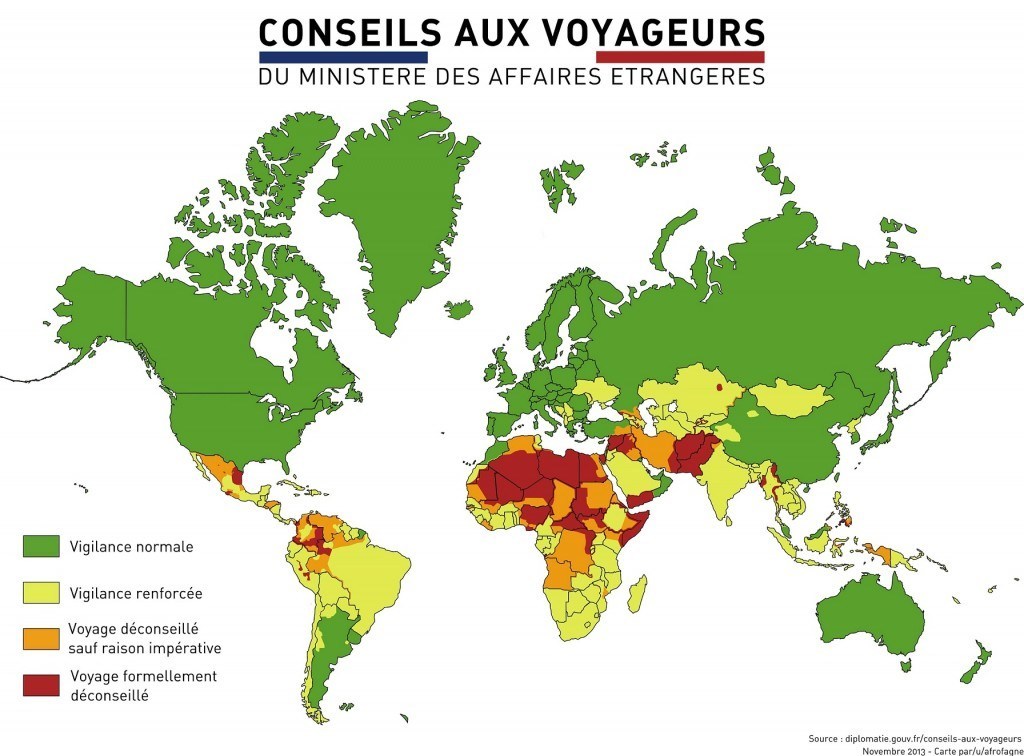 Carte des risques par pays – Ministère des affaires étrangères